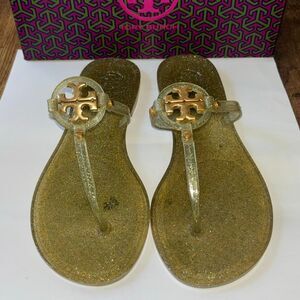 Tory Burch Mini Miller sandal flip flop Green/gold glitter jelly worn 1x box Sz7